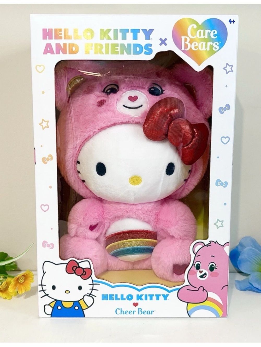 Care Bears Collectible Hello Kitty Cheer Bear NEW HK Rainbow Plush w/ Red Bow